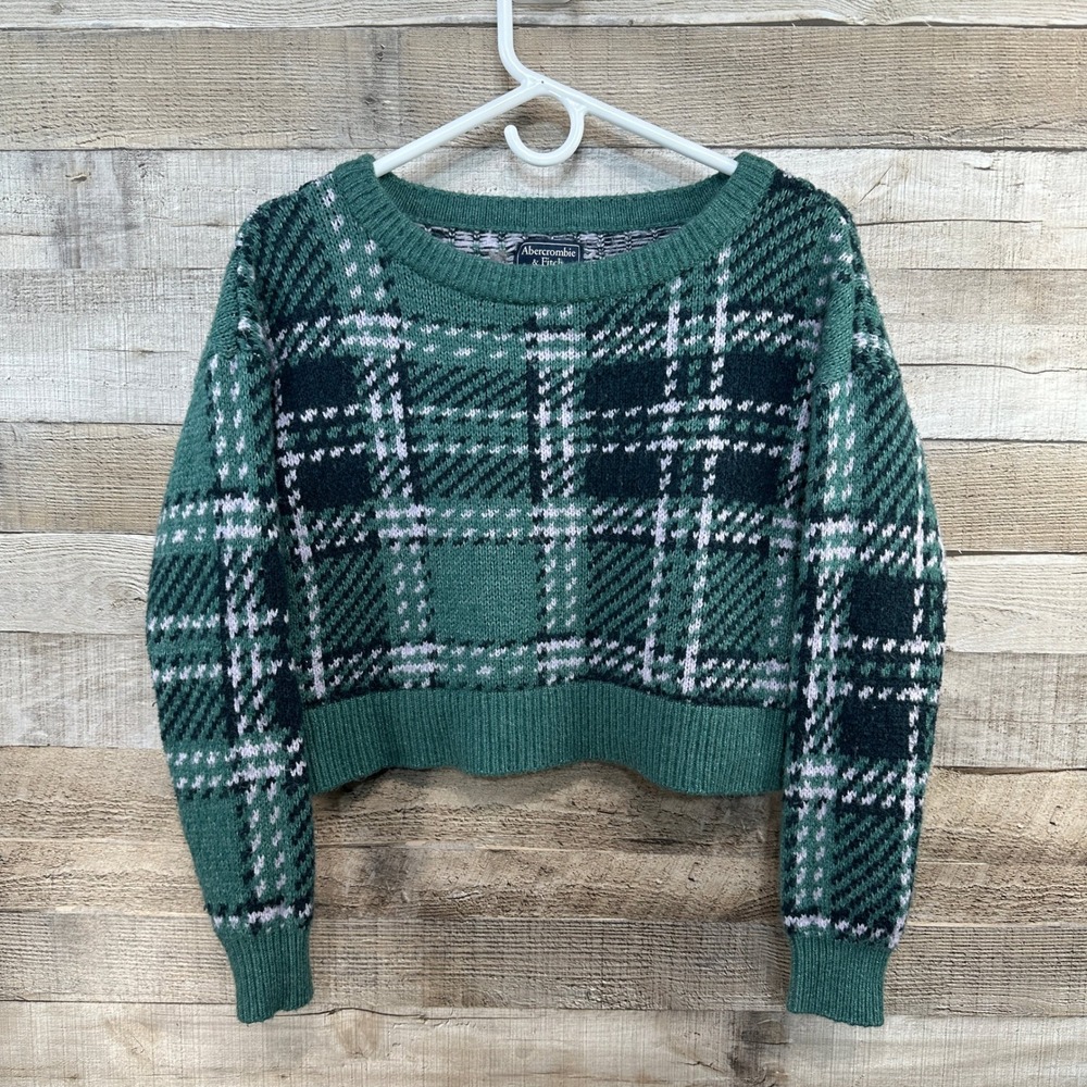Abercrombie Fitch Green Plaid‎ Wool Blend Cropped Sweater Size Small